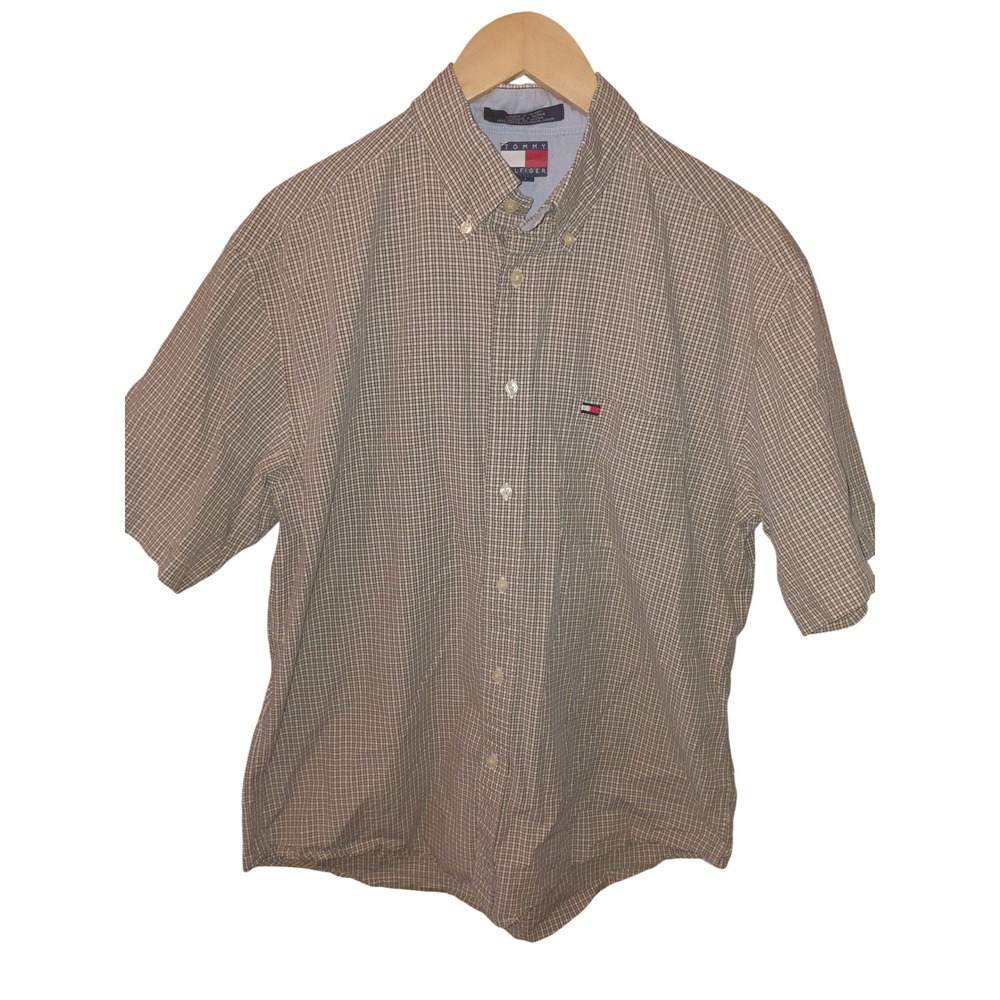 Tommy Hilfiger Mens Large Short Sleeve Button Down Shirt Micro Check Plaid Tan